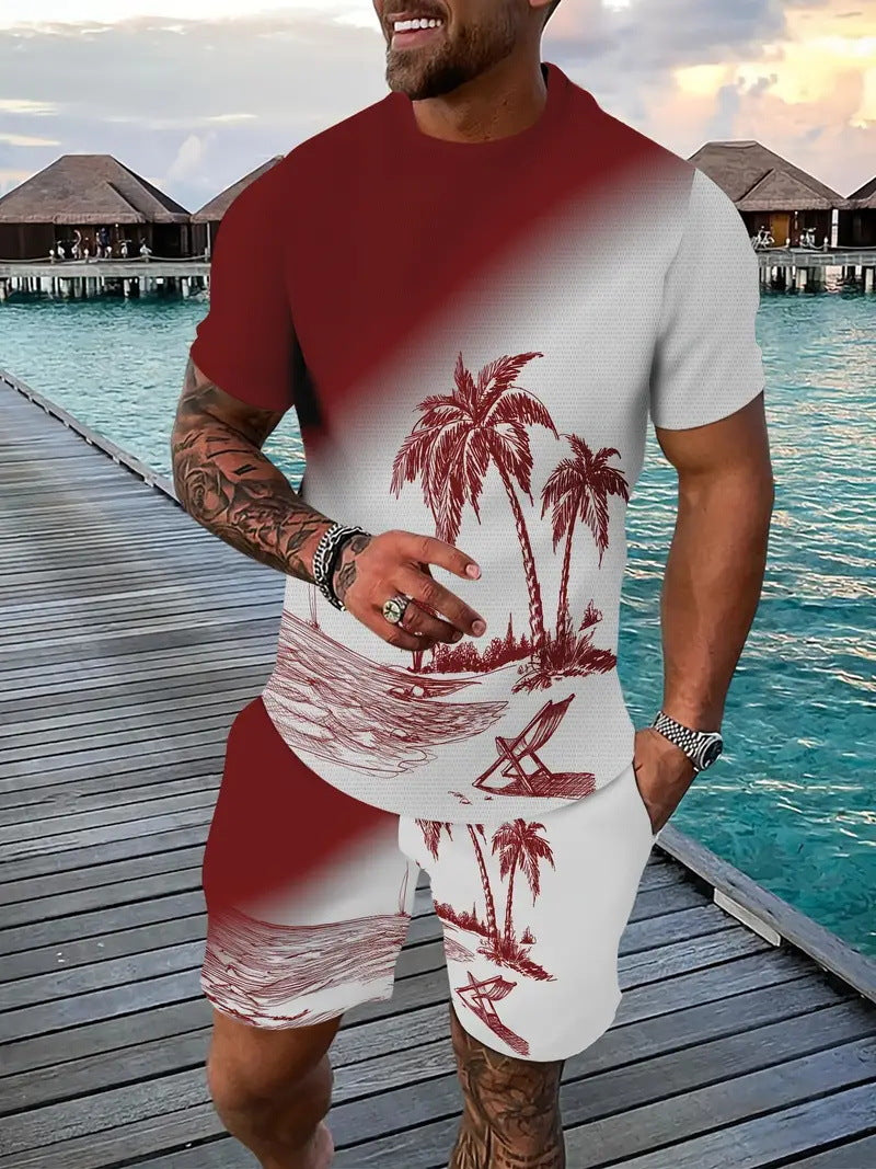 Men's Casual Tropical Print T-Shirt and Shorts Set