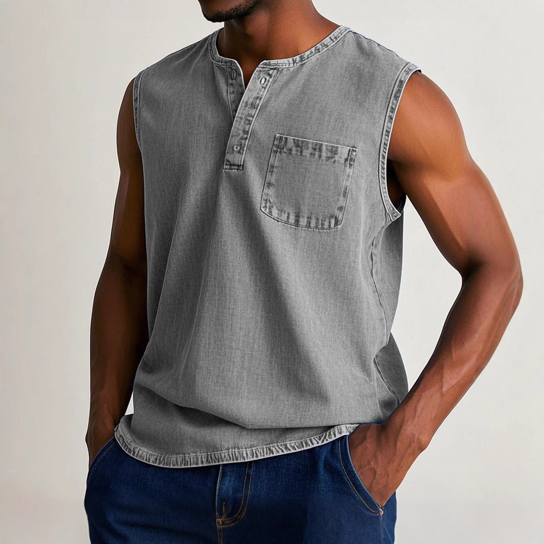 Men's solid color three-button sleeveless T-shirt