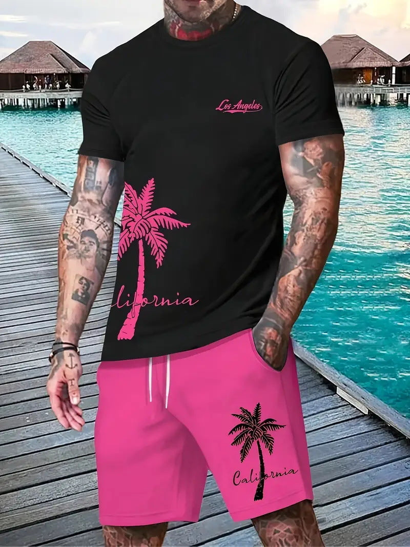Men's Casual Tropical Print T-Shirt and Shorts Set