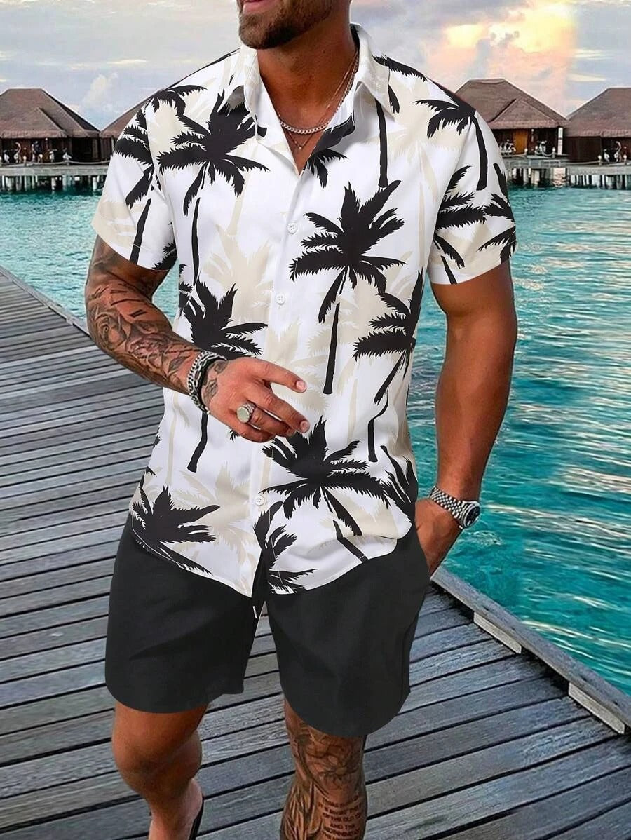 Men's Coconut Tree Print Beach Travel Shirt Shorts Set