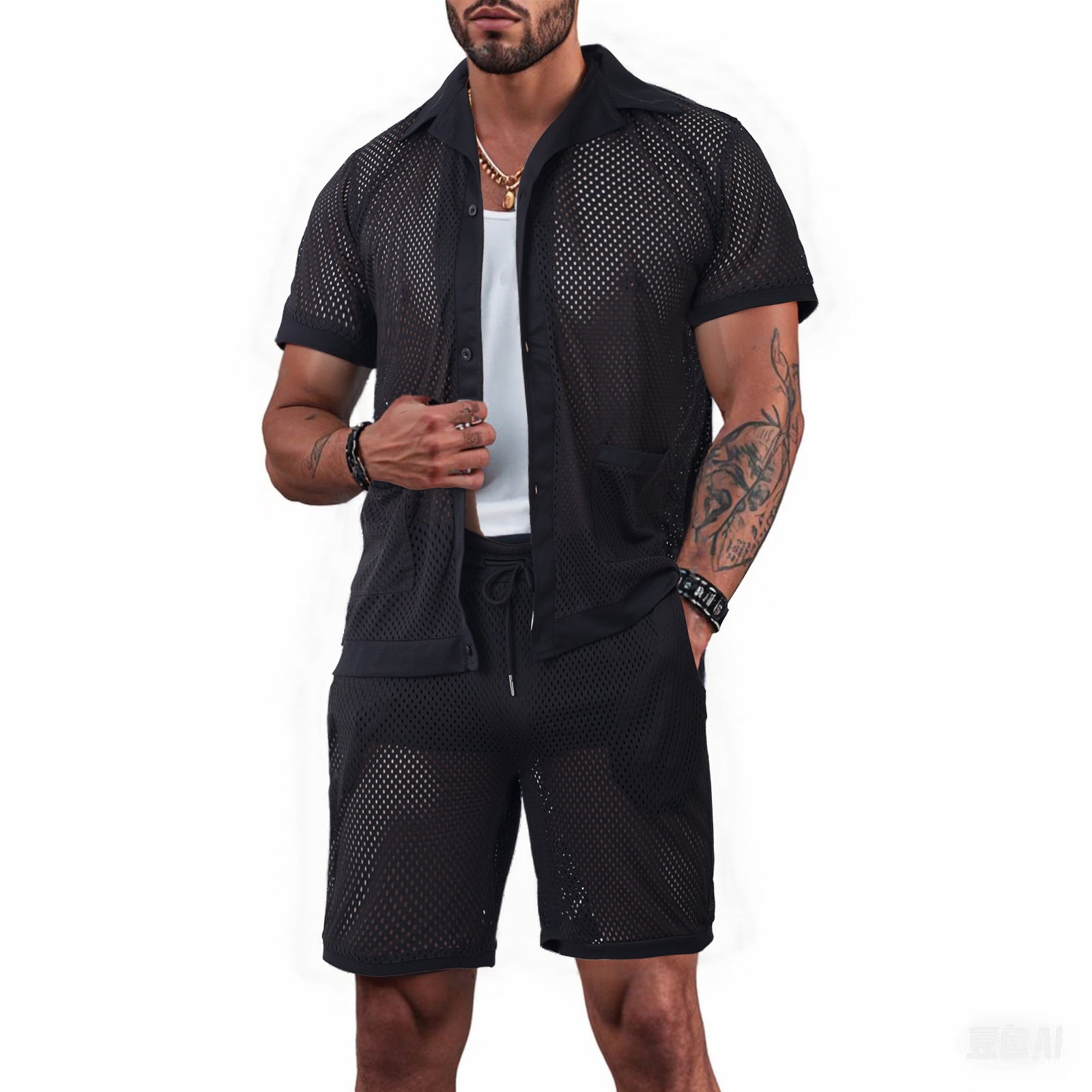 Men's solid color hollow shorts suit