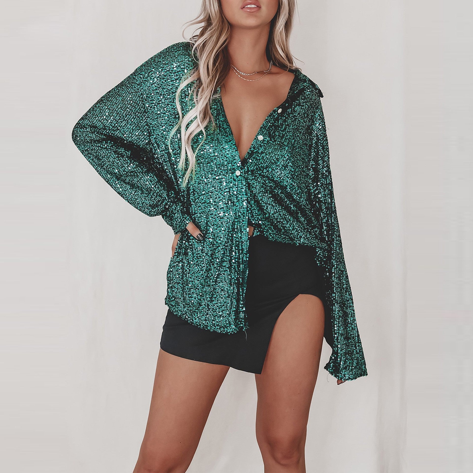 🔥This week's hot sale🔥Fashion Sequin Lapel Long Sleeve Loose Shirt