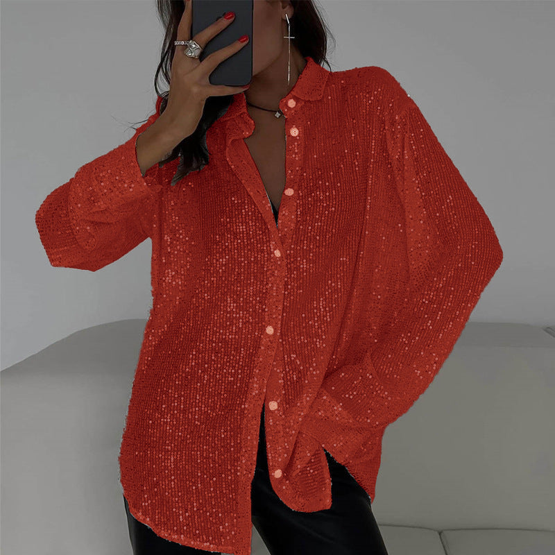 🔥This week's hot sale🔥Fashion Sequin Lapel Long Sleeve Loose Shirt