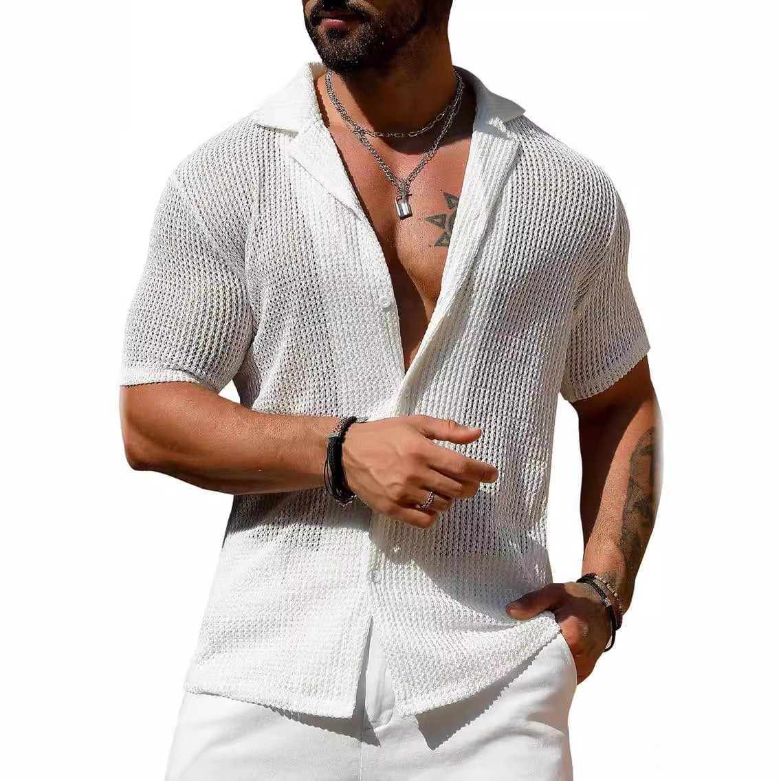 Men's solid color knitted shirt tops
