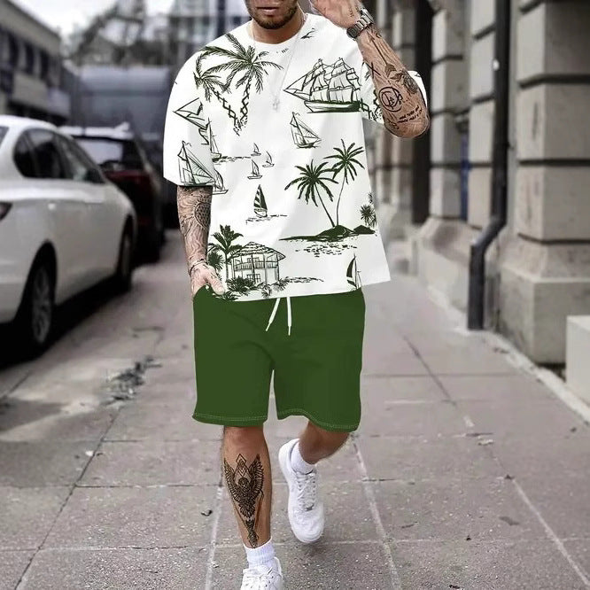 Men's Casual Tropical Print T-Shirt and Shorts Set