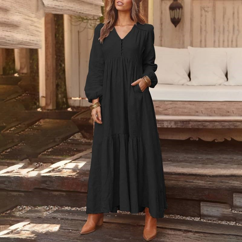 🔥This week's hot sale🔥Retro Cotton and Linen Casual Long-Sleeved Full Skirt Dress