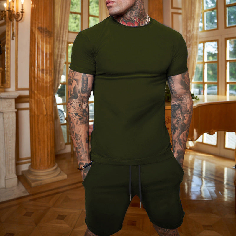 Men's summer solid color cotton round neck short sleeve shorts suit