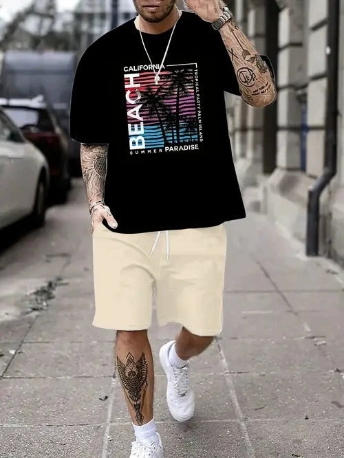 Men's Casual Tropical Print T-Shirt and Shorts Set