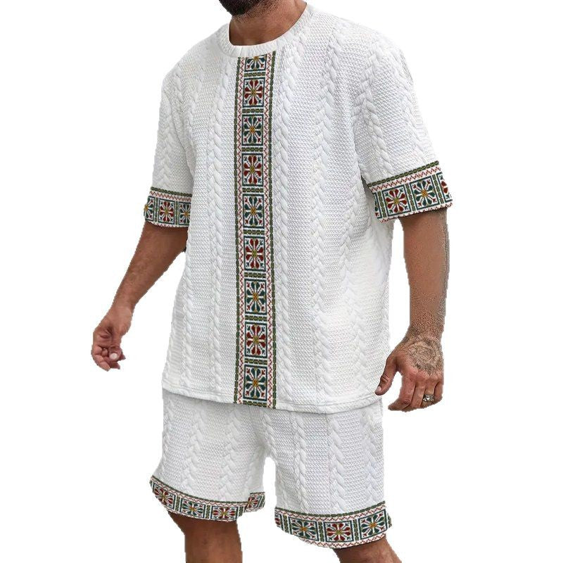 Men's Printed Round Neck Short Sleeve Casual Shorts Suit