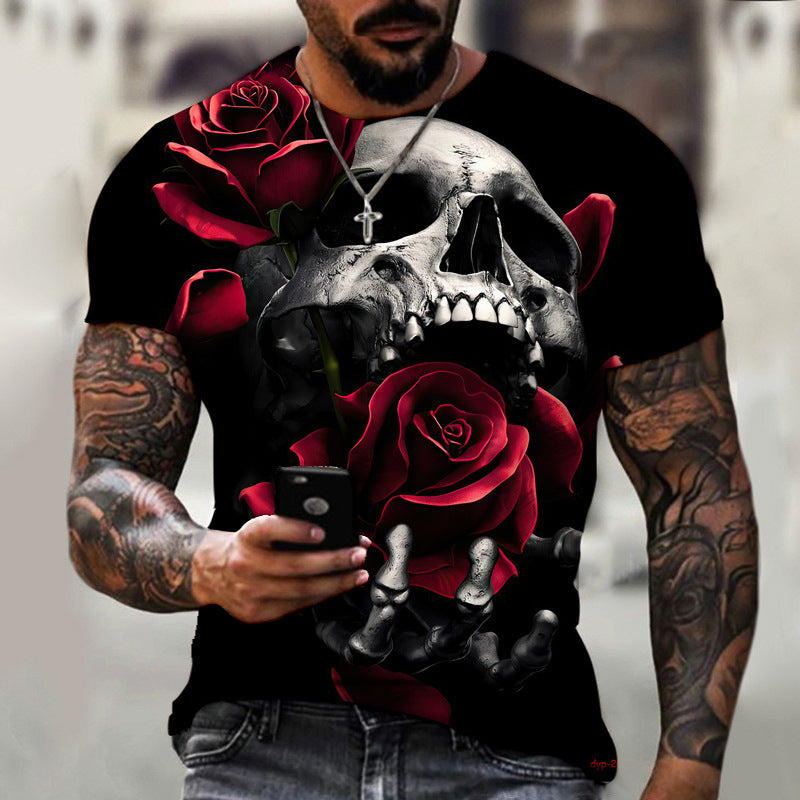 Men's dark horror skull print round neck T-shirt