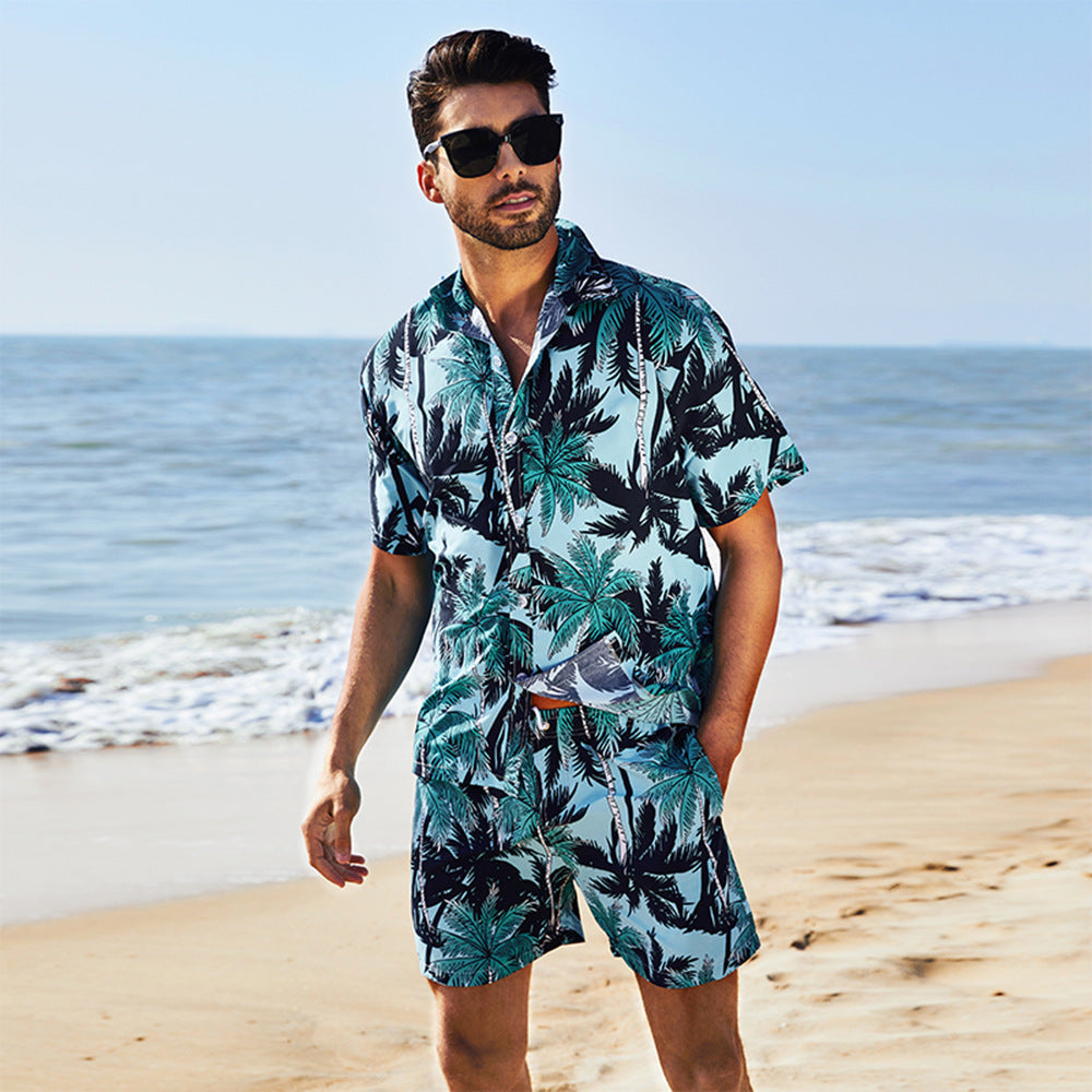Men's Hawaiian Beach Floral Shirt and Shorts Two-Piece Set