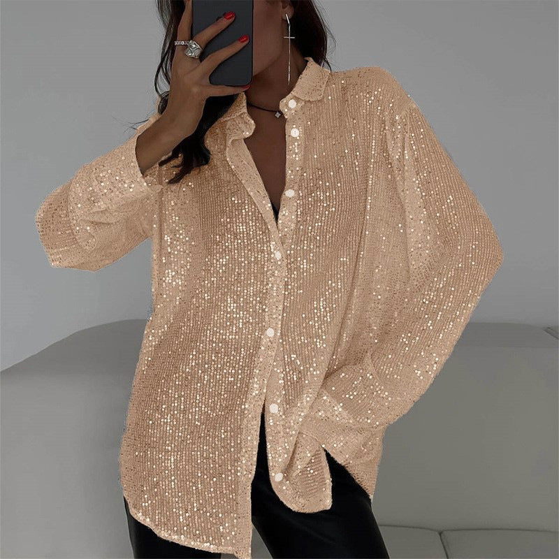 🔥This week's hot sale🔥Fashion Sequin Lapel Long Sleeve Loose Shirt