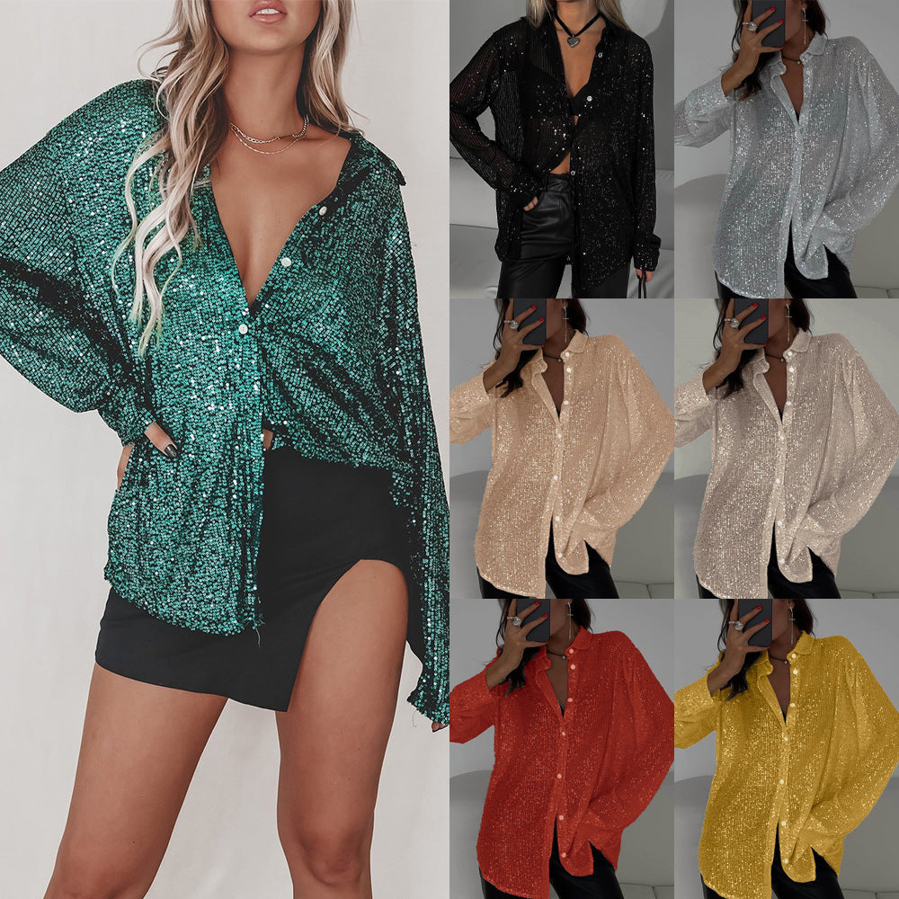 🔥This week's hot sale🔥Fashion Sequin Lapel Long Sleeve Loose Shirt