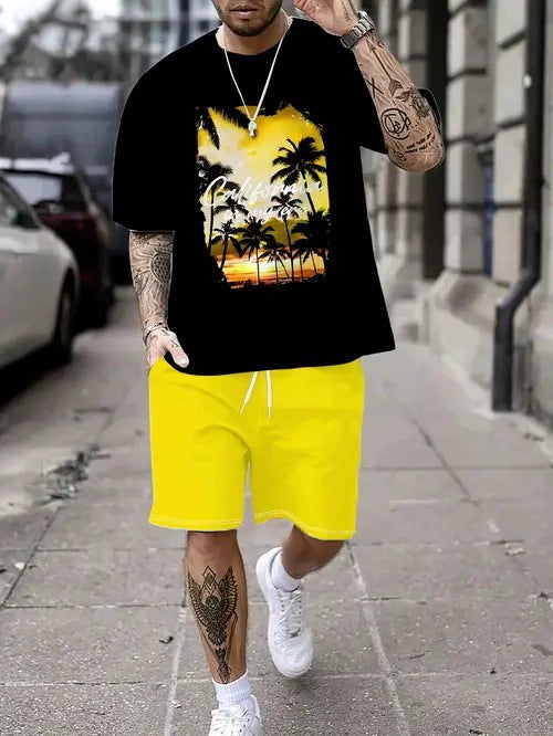 Men's Casual Tropical Print T-Shirt and Shorts Set