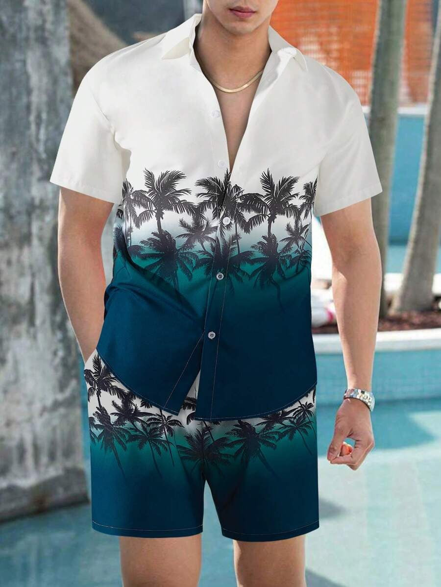 Men's Coconut Tree Print Beach Travel Shirt Shorts Set