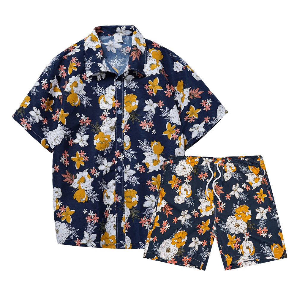 Men's Hawaiian Beach Floral Shirt and Shorts Two-Piece Set