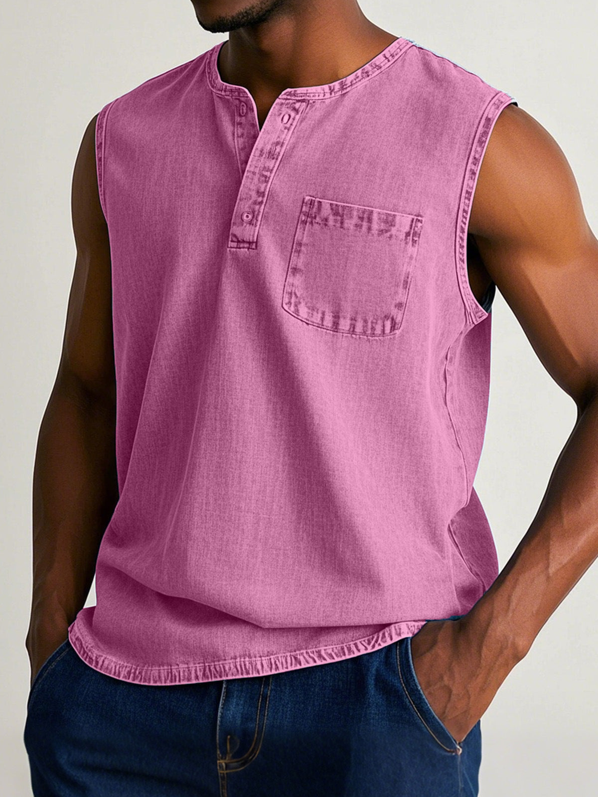 Men's solid color three-button sleeveless T-shirt