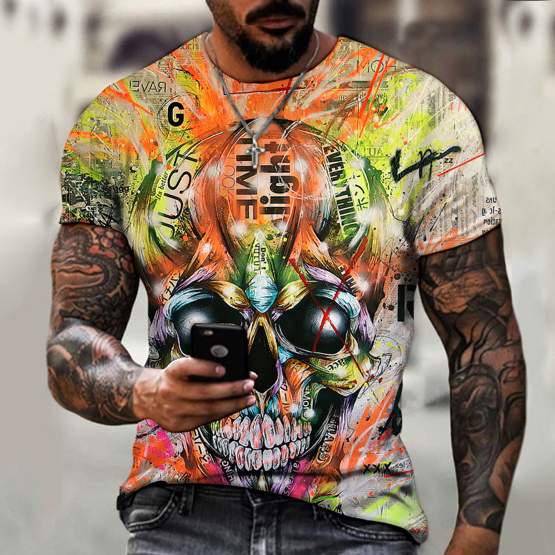 Men's dark horror skull print round neck T-shirt