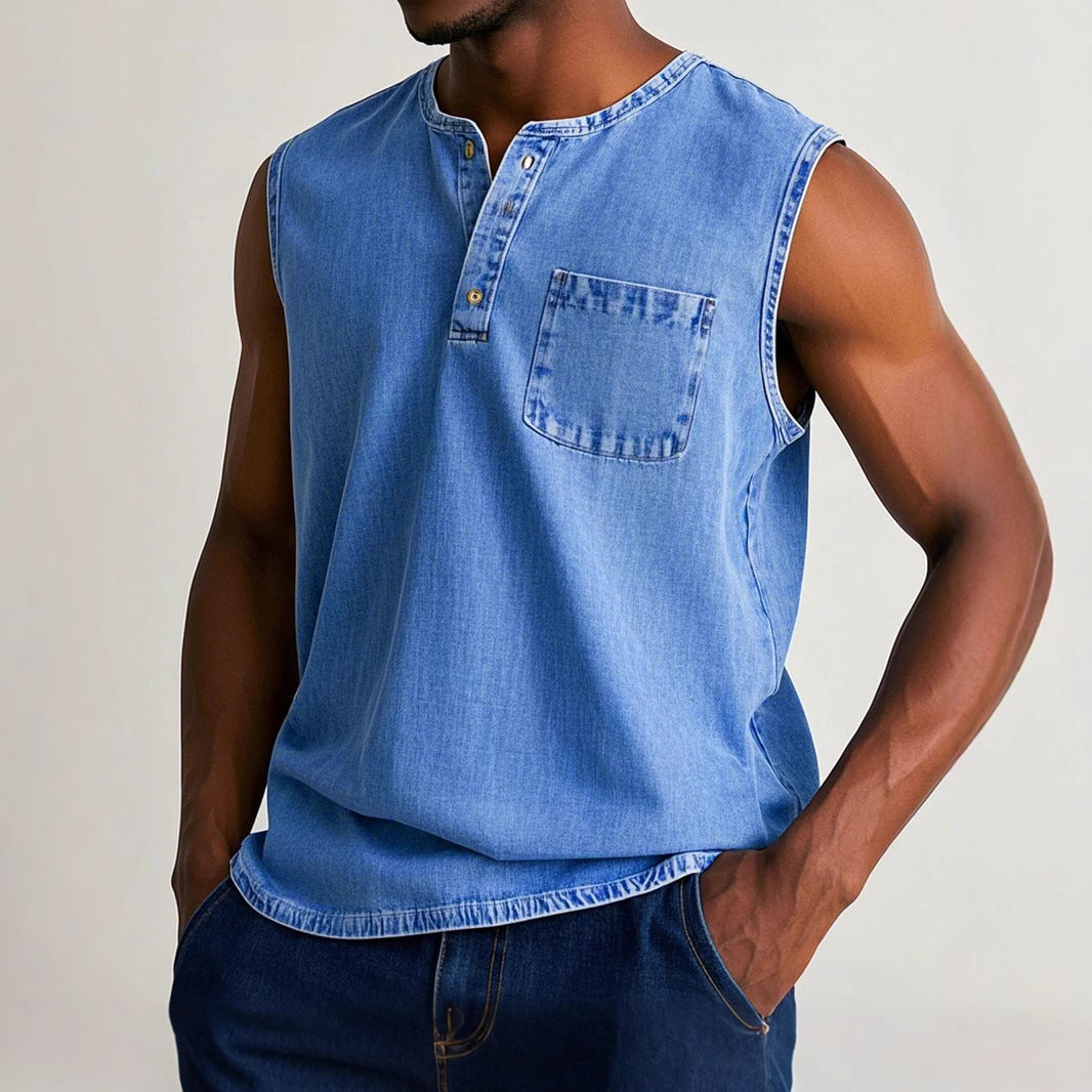 Men's solid color three-button sleeveless T-shirt