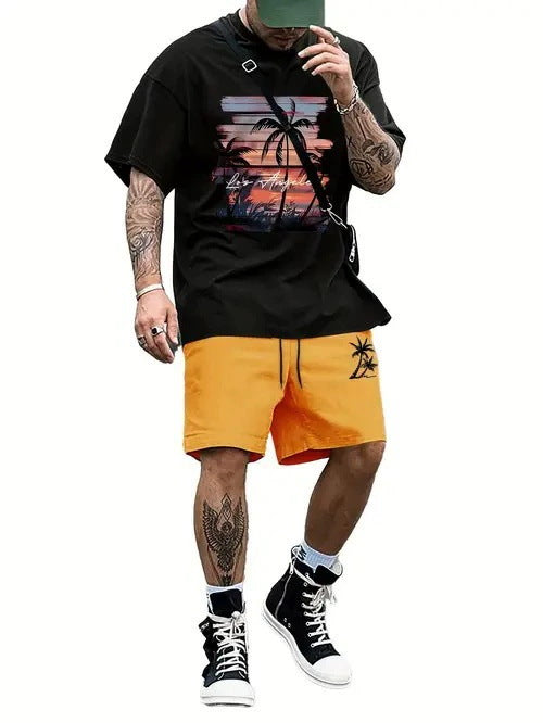 Men's Casual Tropical Print T-Shirt and Shorts Set