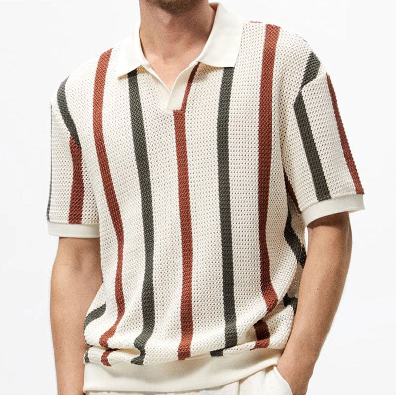 Men's hollow striped contrast color business T-shirt