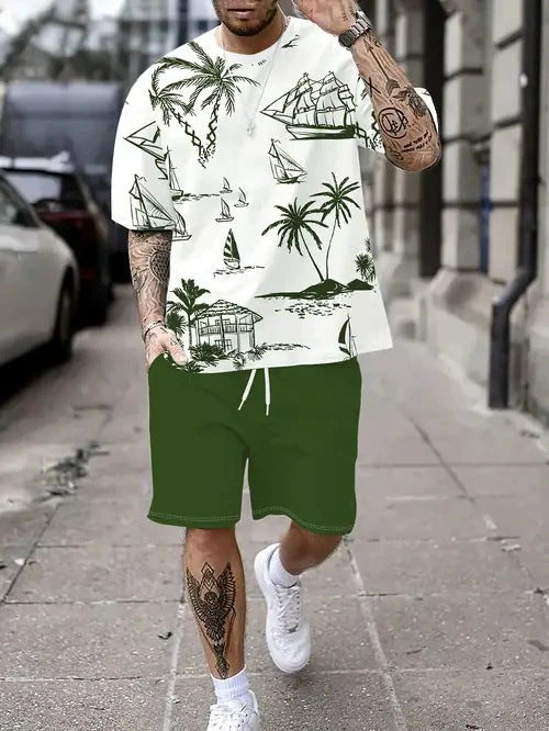 Men's Casual Tropical Print T-Shirt and Shorts Set