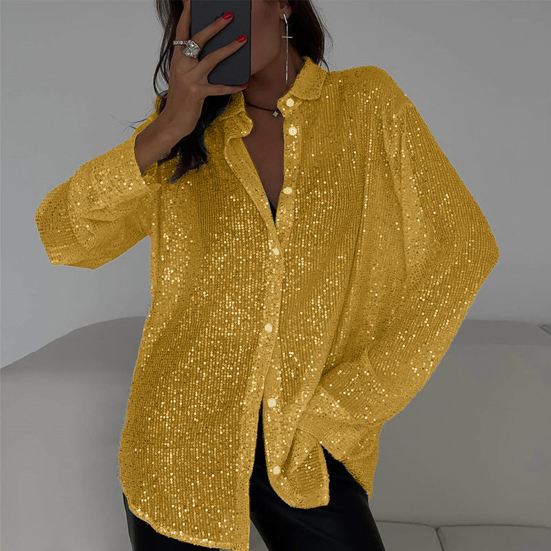🔥This week's hot sale🔥Fashion Sequin Lapel Long Sleeve Loose Shirt