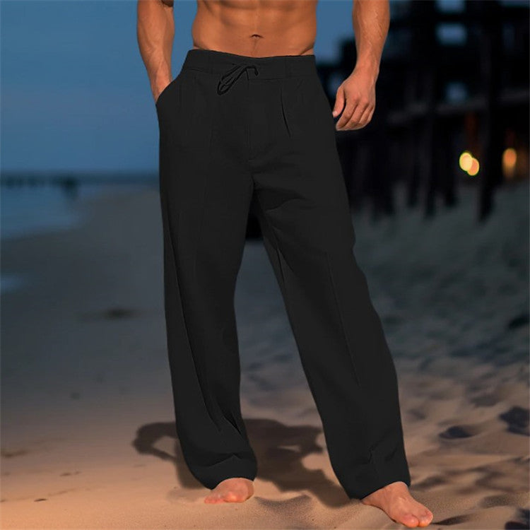 Men's solid color casual linen beach pants