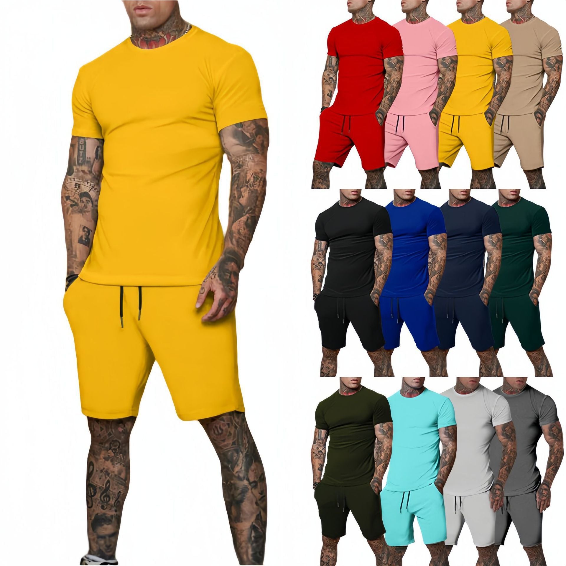 Men's summer solid color cotton round neck short sleeve shorts suit