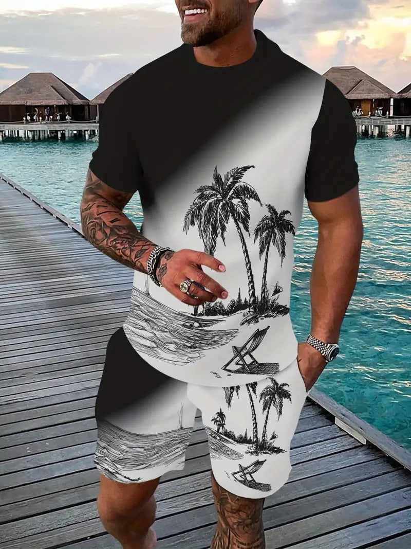 Men's Casual Tropical Print T-Shirt and Shorts Set