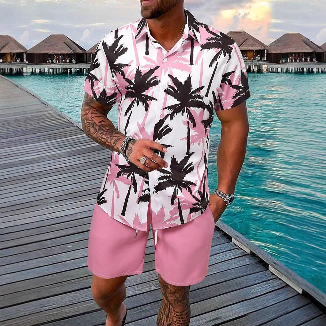 Men's Coconut Tree Print Beach Travel Shirt Shorts Set