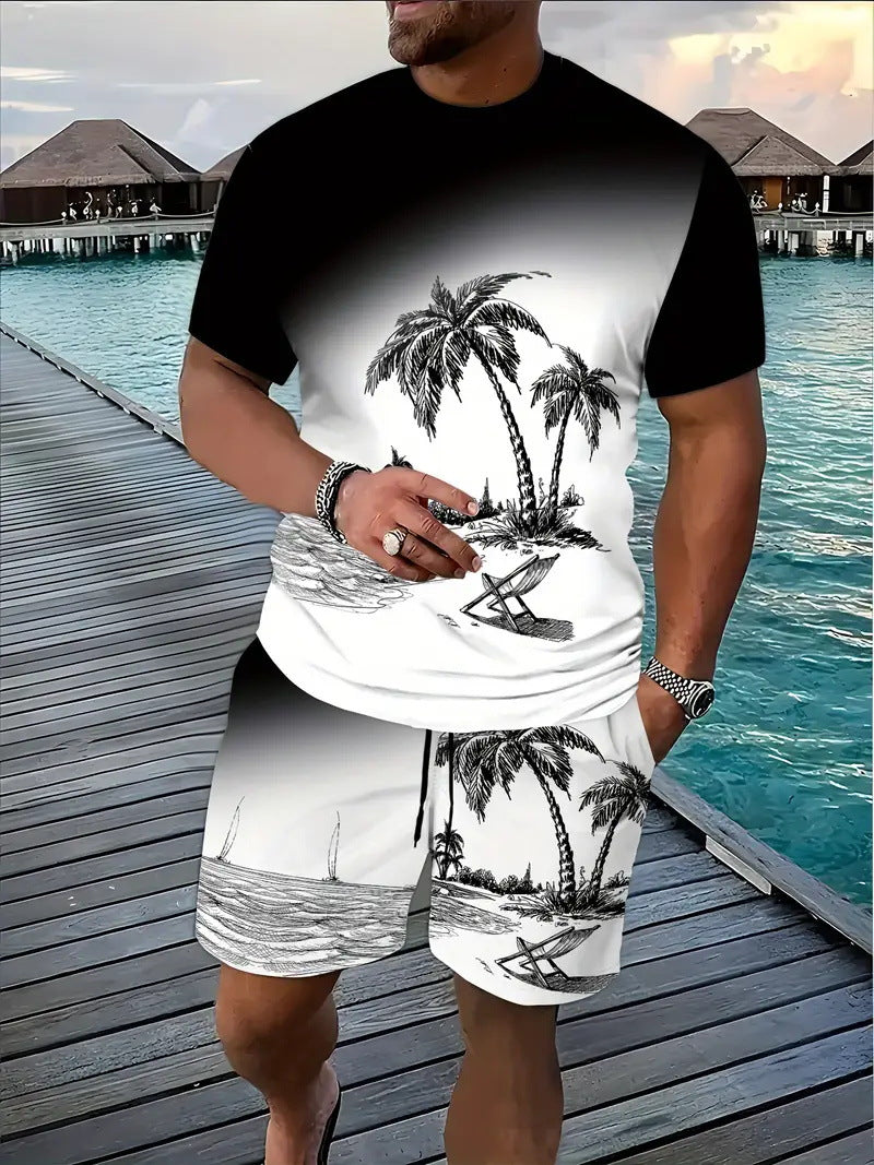 Men's Casual Tropical Print T-Shirt and Shorts Set