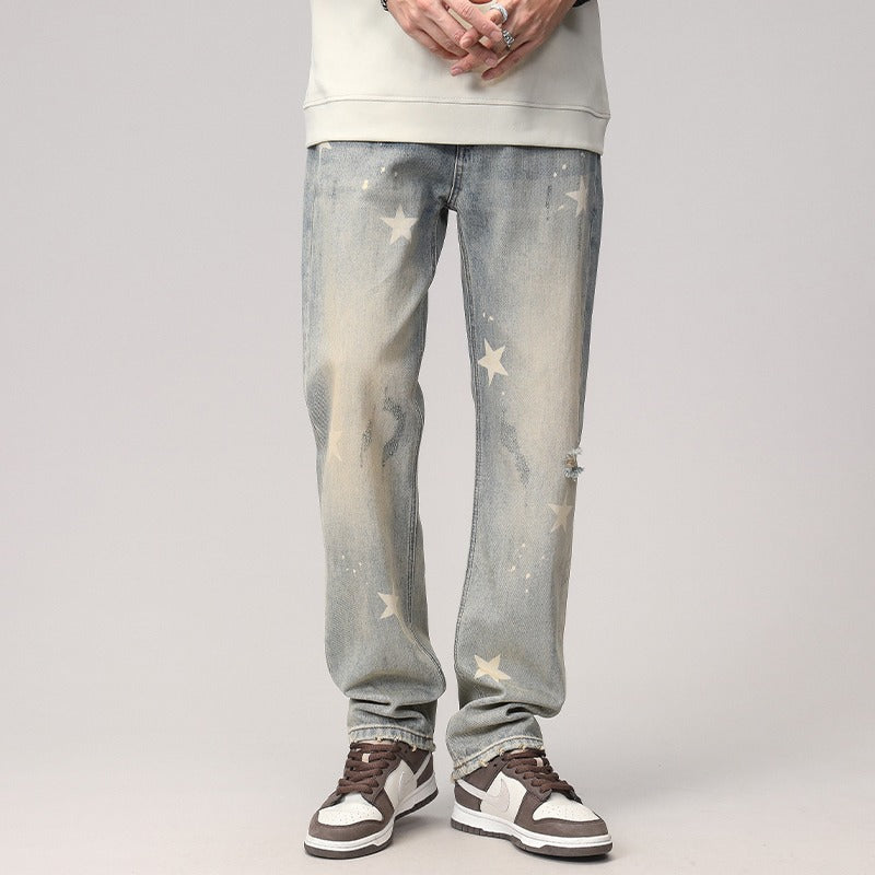 American high street yellow mud star print men's jeans