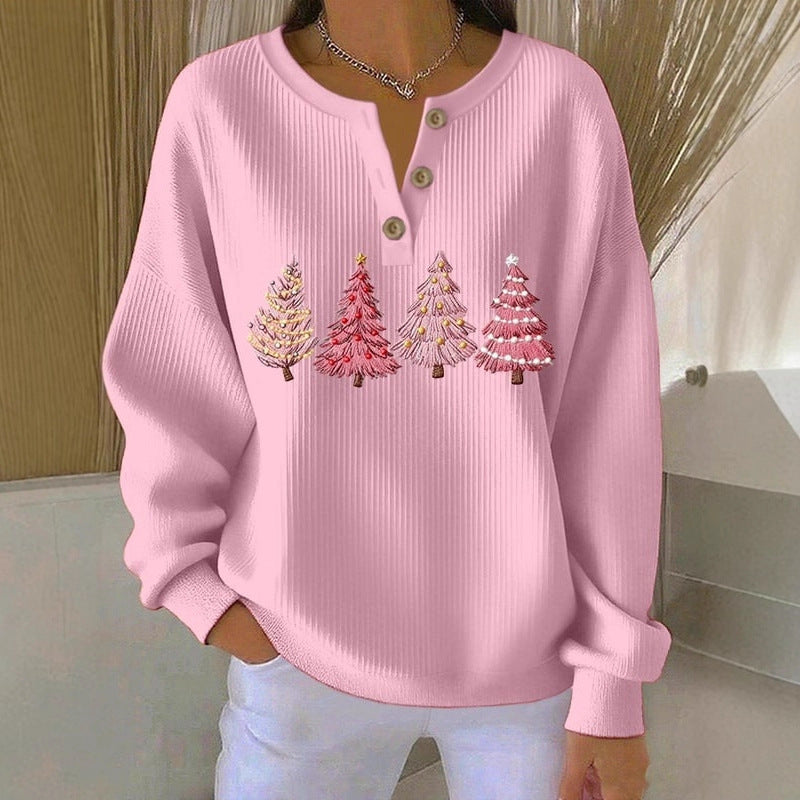 🔥This week's hot sale🔥Buttoned Christmas Tree Print Sweatshirt