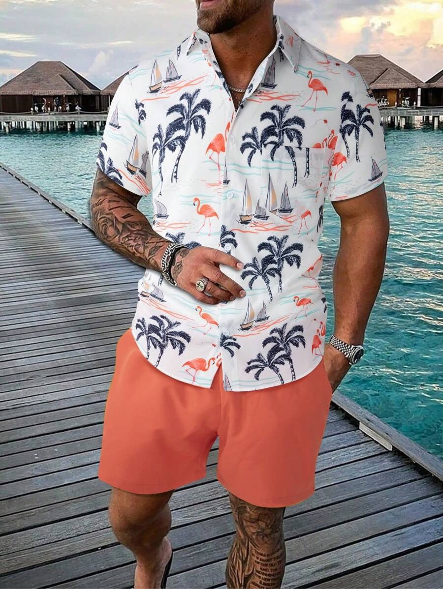 Men's Coconut Tree Print Beach Travel Shirt Shorts Set
