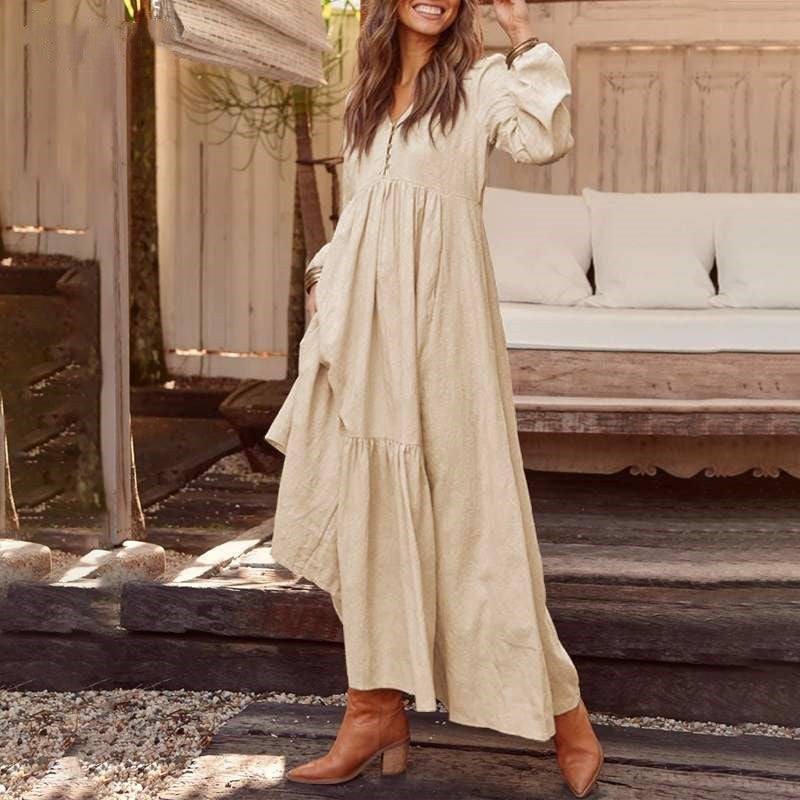 🔥This week's hot sale🔥Retro Cotton and Linen Casual Long-Sleeved Full Skirt Dress