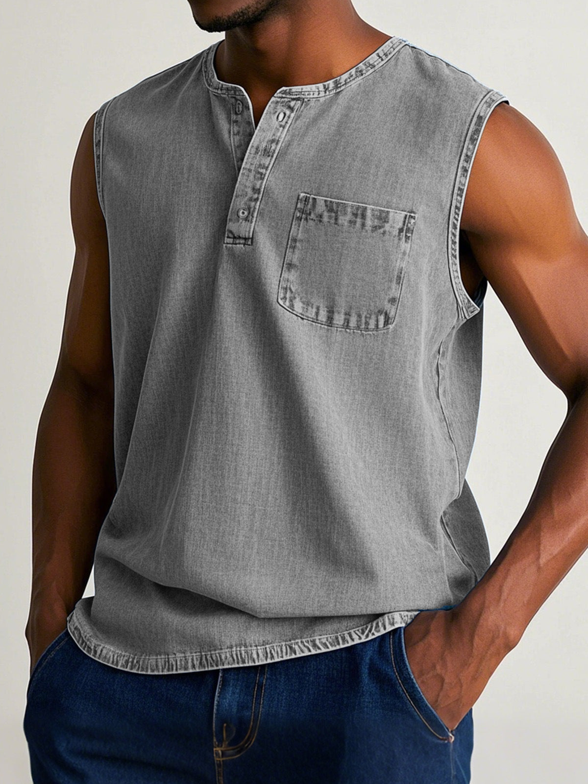 Men's solid color three-button sleeveless T-shirt