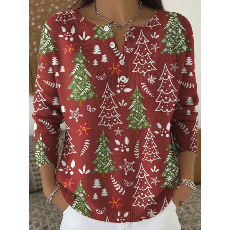 🔥This week's hot sale🔥Buttoned Christmas Tree Print Sweatshirt