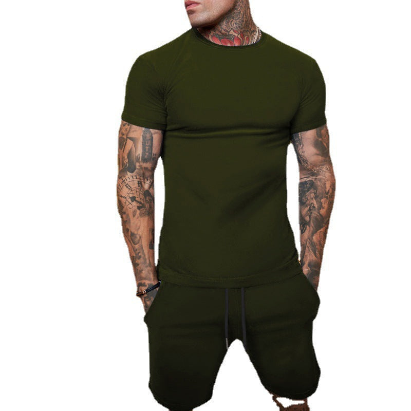 Men's summer solid color cotton round neck short sleeve shorts suit