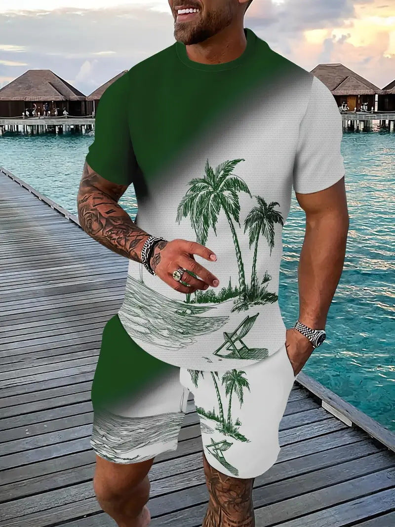 Men's Casual Tropical Print T-Shirt and Shorts Set