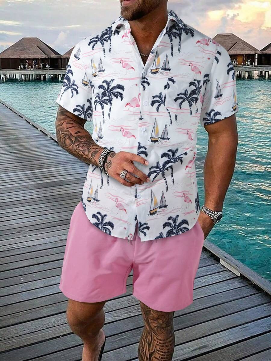 Men's Coconut Tree Print Beach Travel Shirt Shorts Set
