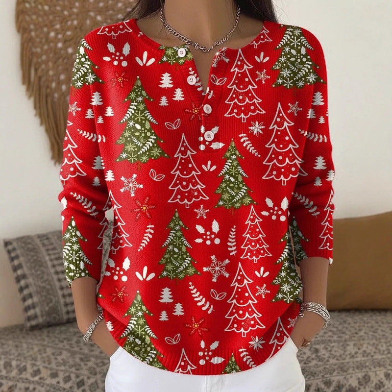 🔥This week's hot sale🔥Buttoned Christmas Tree Print Sweatshirt
