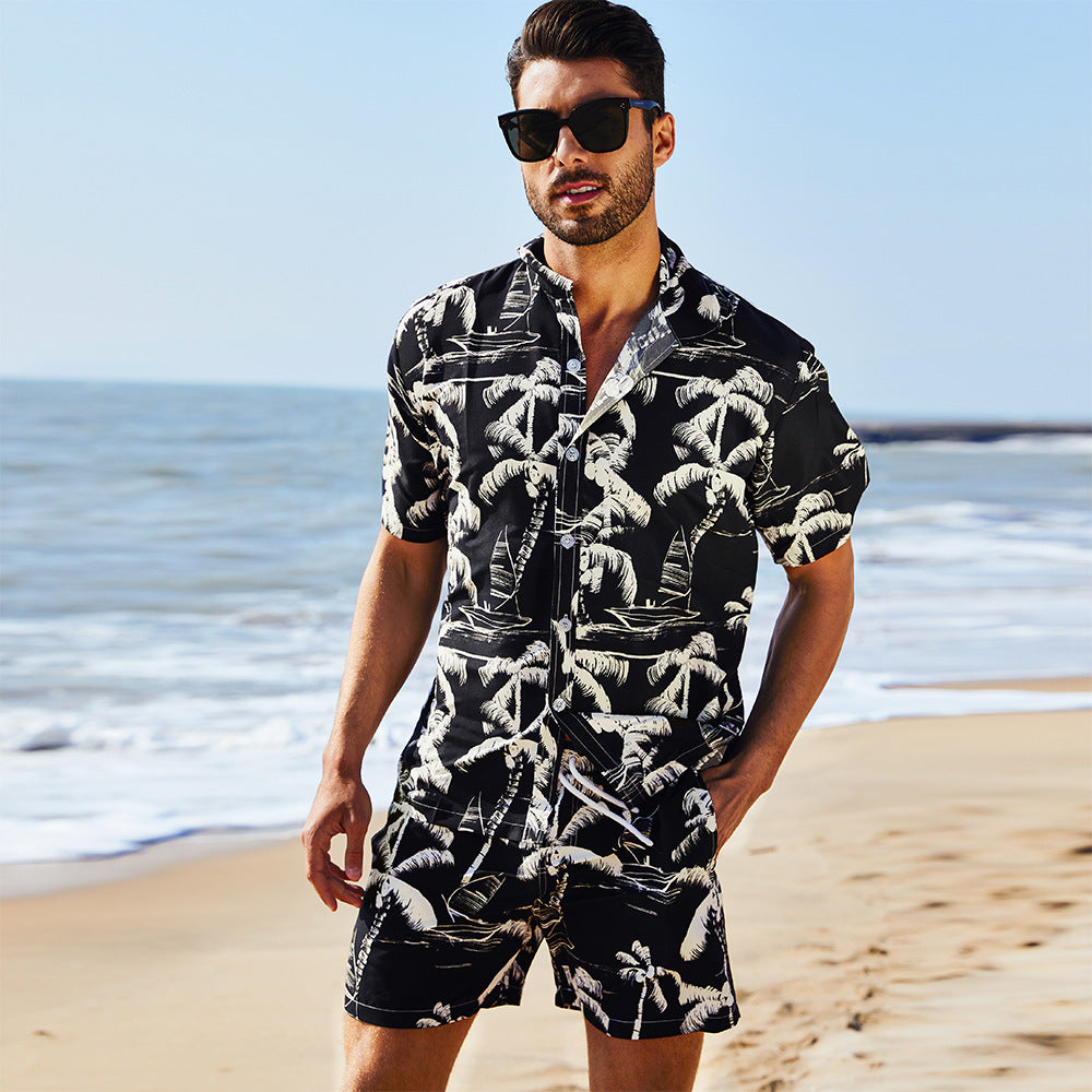 Men's Hawaiian Beach Floral Shirt and Shorts Two-Piece Set