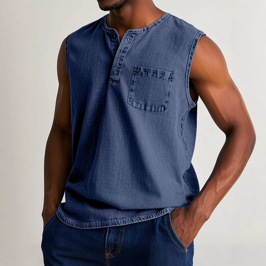 Men's solid color three-button sleeveless T-shirt
