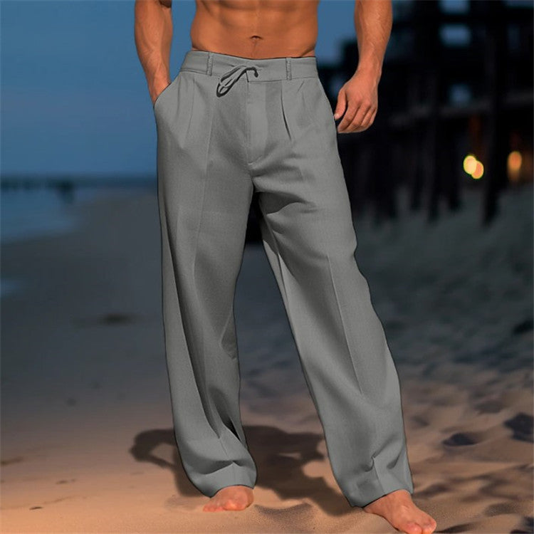 Men's solid color casual linen beach pants
