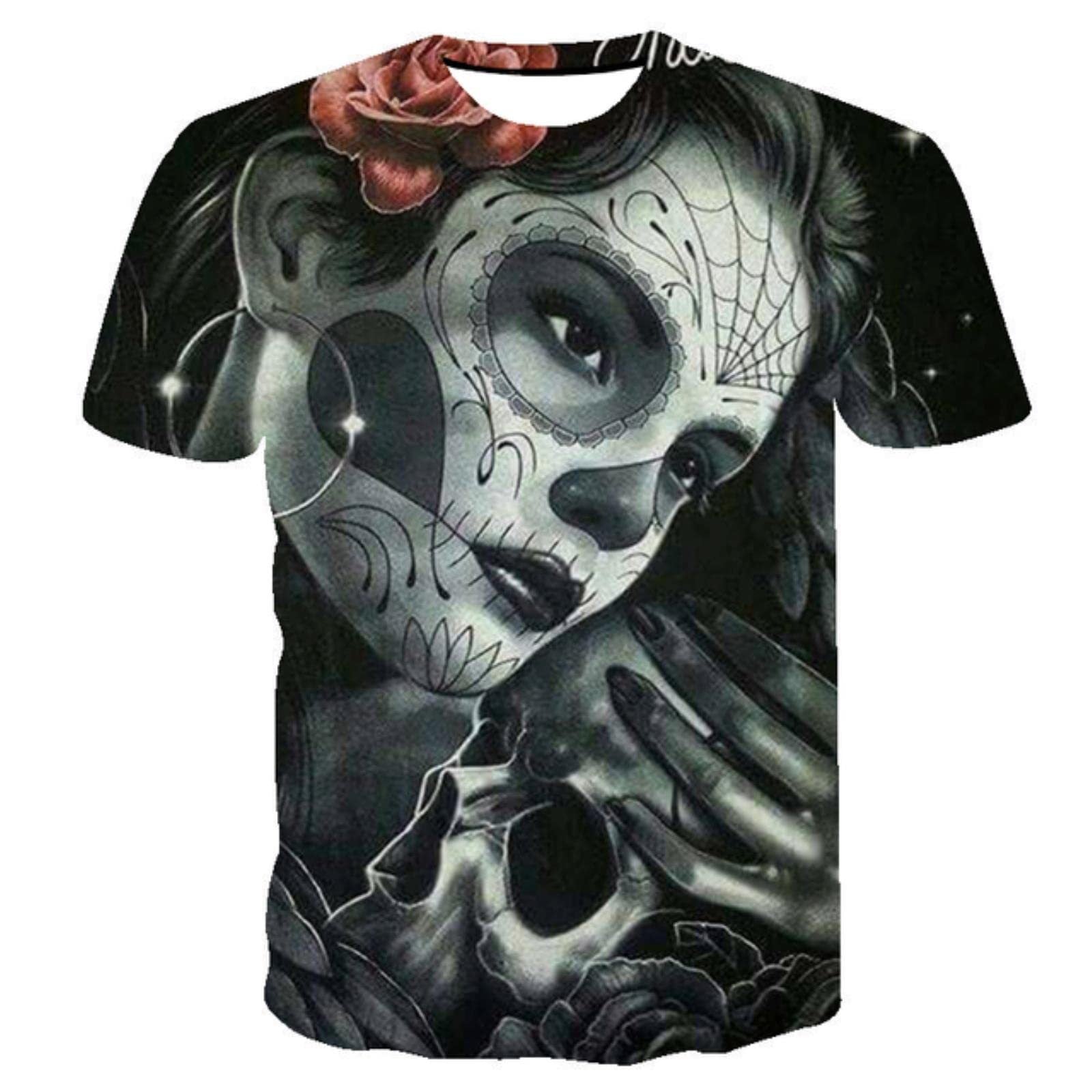 Men's dark horror skull print round neck T-shirt