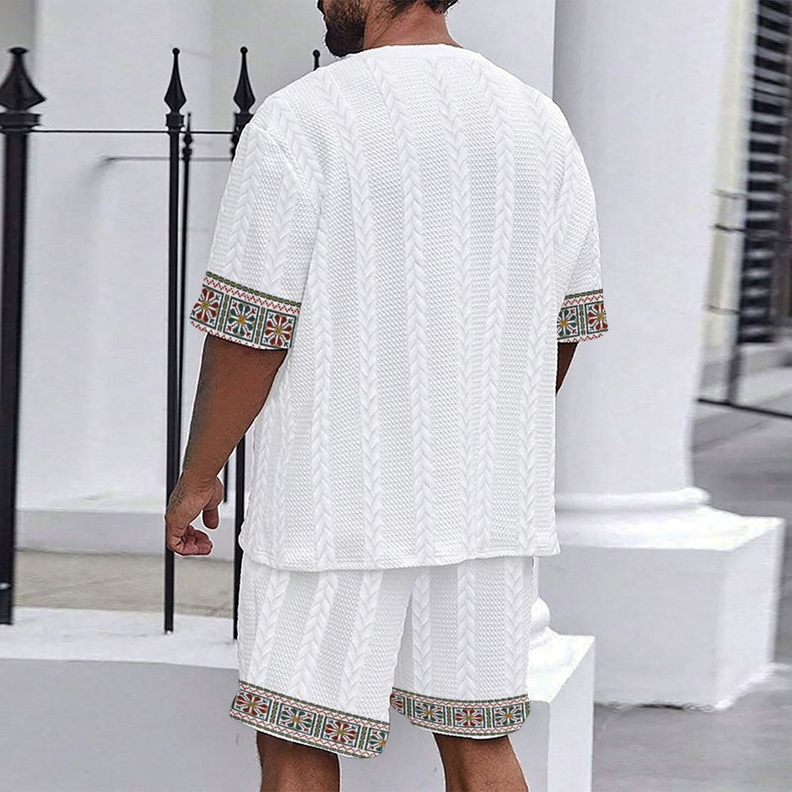 Men's Printed Round Neck Short Sleeve Casual Shorts Suit