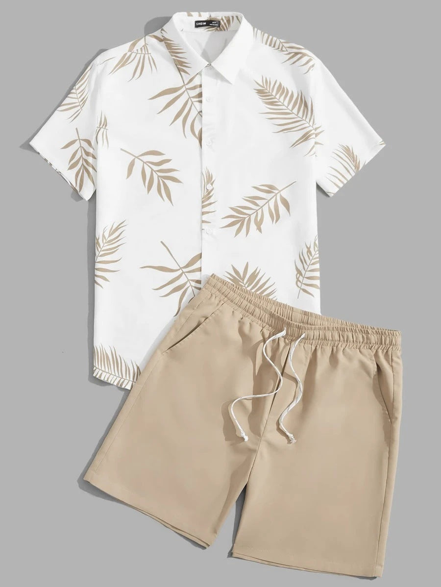 Men's Coconut Tree Print Beach Travel Shirt Shorts Set