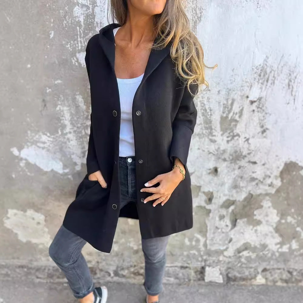 🔥This week's hot sale🔥Women's solid color casual single-breasted hooded jacket