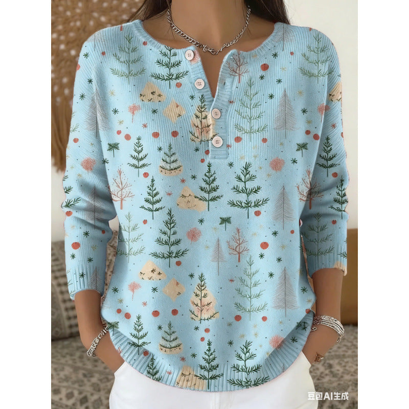 🔥This week's hot sale🔥Buttoned Christmas Tree Print Sweatshirt